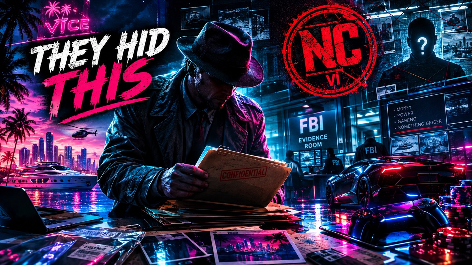 Neon detective reading a confidential folder under pink and cyan Vice City light